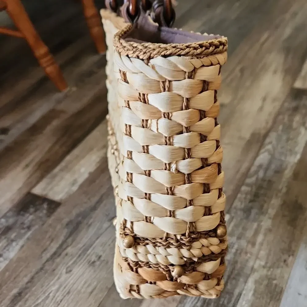Woven Tan and Brown Cornhusk Purse Handbag‎ Boho Native Neutral Beaded Tropical